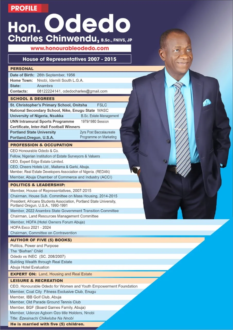 Profile summary of Hon. Charles Chinwendu Odedo — career, education, and public service on one sheet
